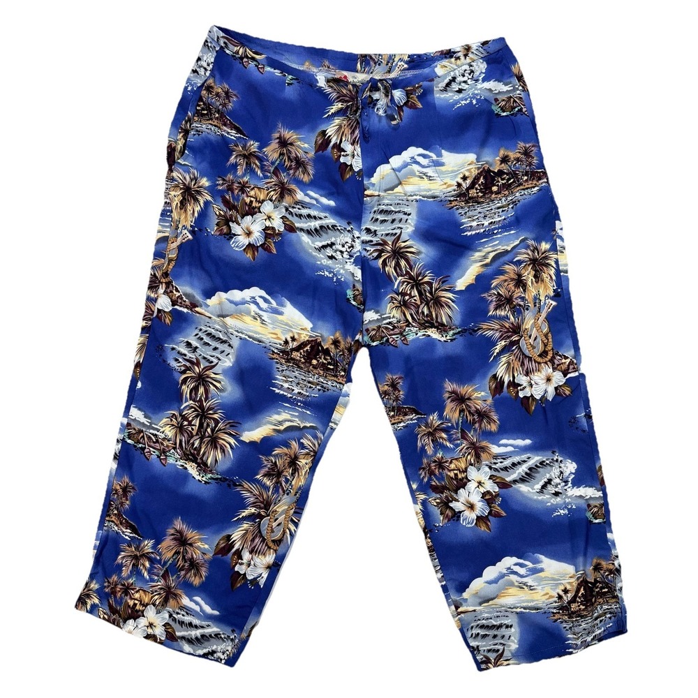 Vintage Hilo Hattie Hawaiian Capri Pants Women's L Blue Tropical Island Zip
